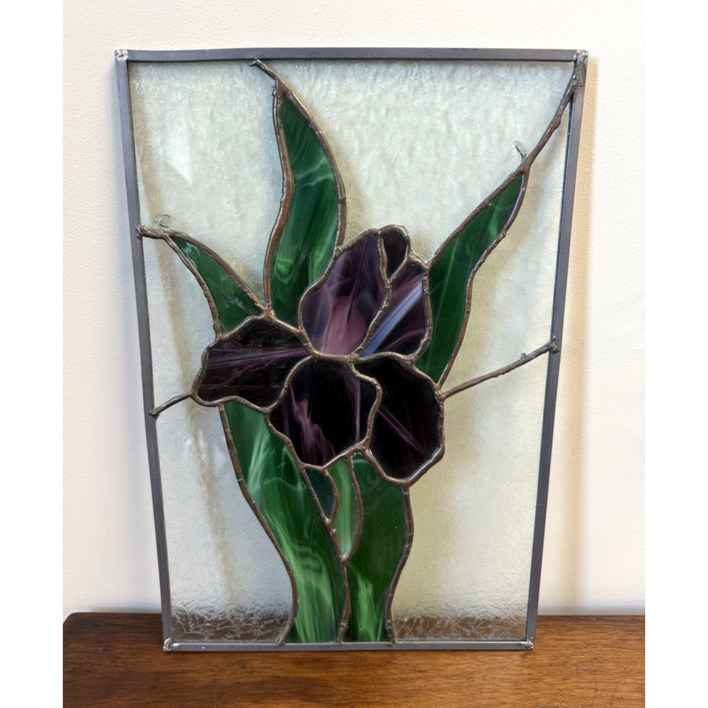 Vintage Handmade Stained Glass Iris Window Panel Purple Floral Suncatcher 15”